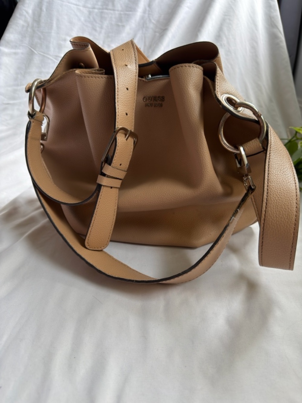 GUESS Beige/Tan Leather Bucket Shoulder Bag with Ring Hardware